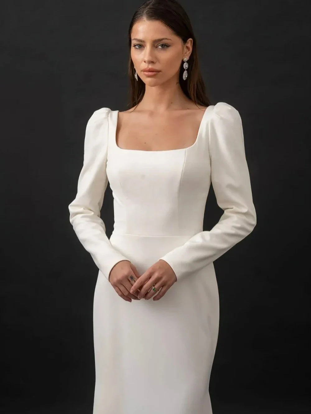 Civil Wedding Dresses for Brides Square Collar Long Sleeves Bridal Grown Vestidos De Novia Backless Brides Dresses Customized