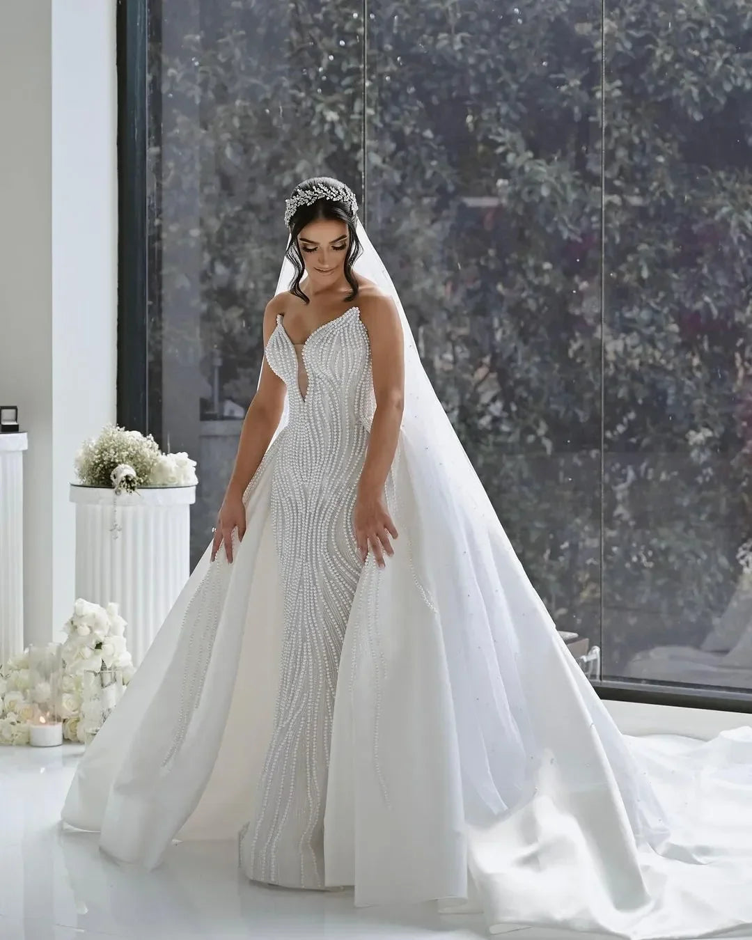 Customized Luxury Pearls Mermaid Wedding Dresses Detachable Train Strapless Bridal Gowns - Image 3