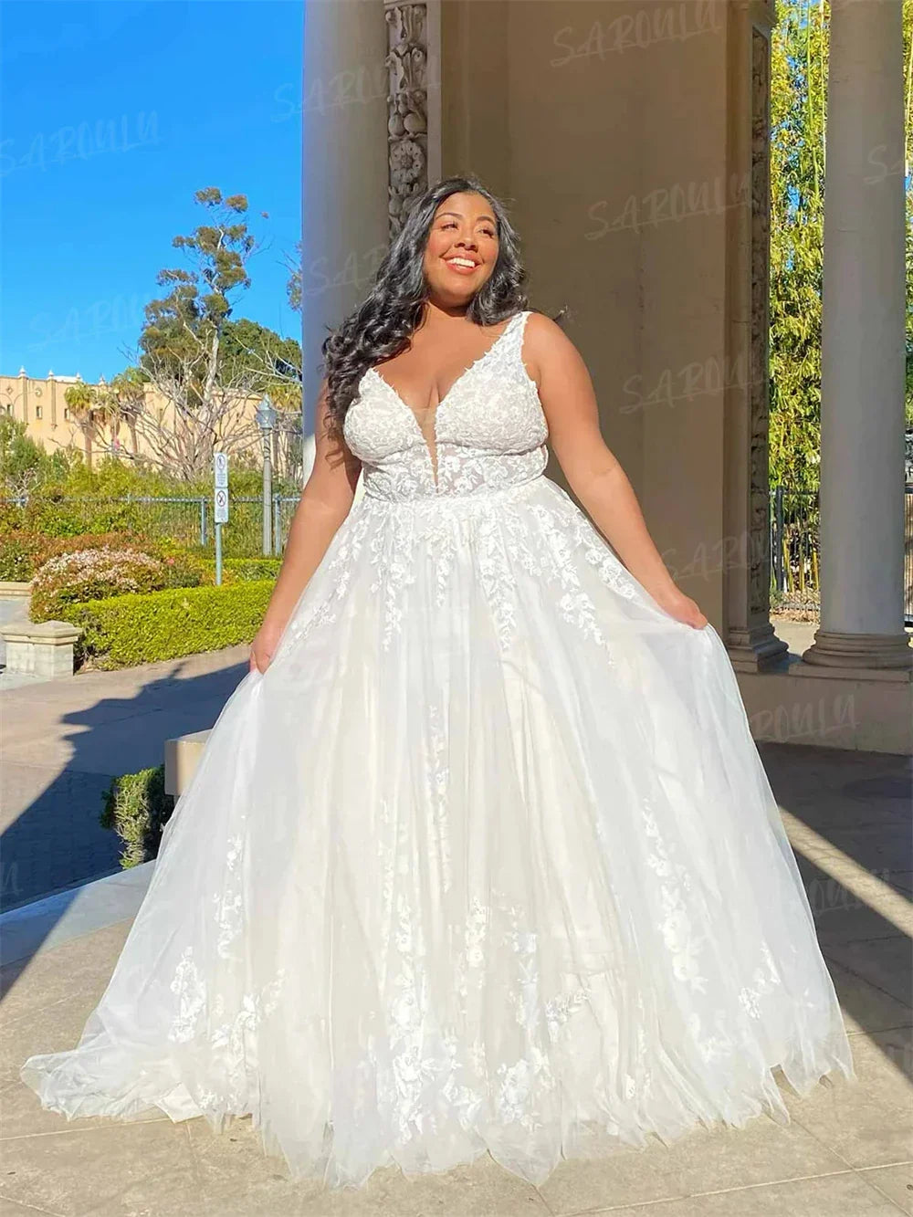 Plus size lace tulle A-line long sweep train wedding dress bride bridal gown side view