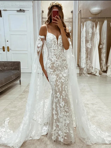 Boho Lace Mermaid Wedding Dresses For Women Spaghetti Strap Appliques Sexy Bridal Gowns Long Luxury Fairy vestidos de novia