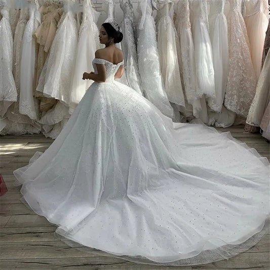 New Customized Off The Shoulder Ball Gown Wedding Dresses 2025 Luxury Pearls Beaded Vestidos De Novia