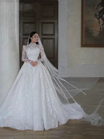 Customized Luxury Long Sleeve Wedding Dresses High Neck Robes Appliques Lace Country Bridal Gowns Vestidos de novia
