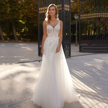Boho V Neck Wedding Dresses Bridal Dress A Line Backless Appliqued Lace Vestidos De Novia Women Bride Gowns Customized