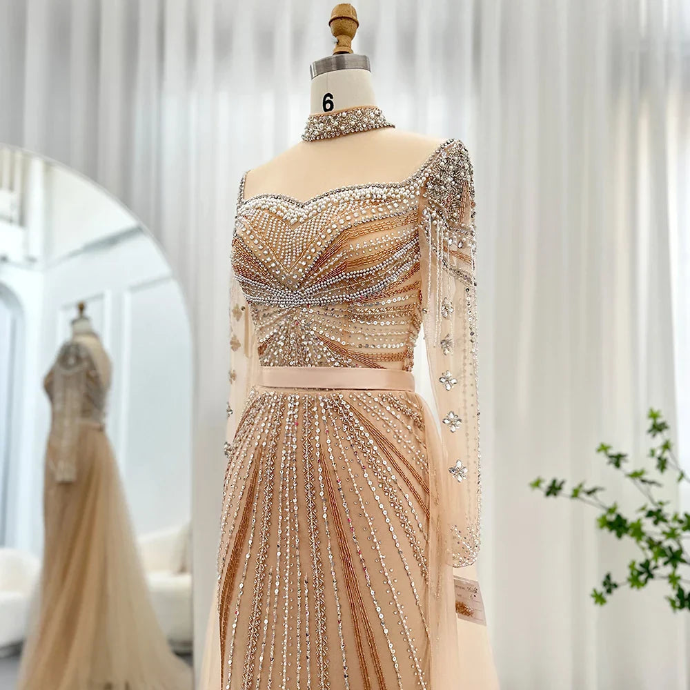 Luxury Champagne Mermaid Dubai Evening Dress with Detachable Overskirt Arabic Women Wedding Formal Party Gowns SS265