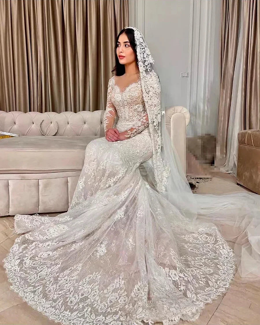 CustomizedMermaid Wedding Dress Lace Embroidery 2 in 1 Strapless Neckline Full Sleeves Elegant Bride Dress Vestidos De Novia