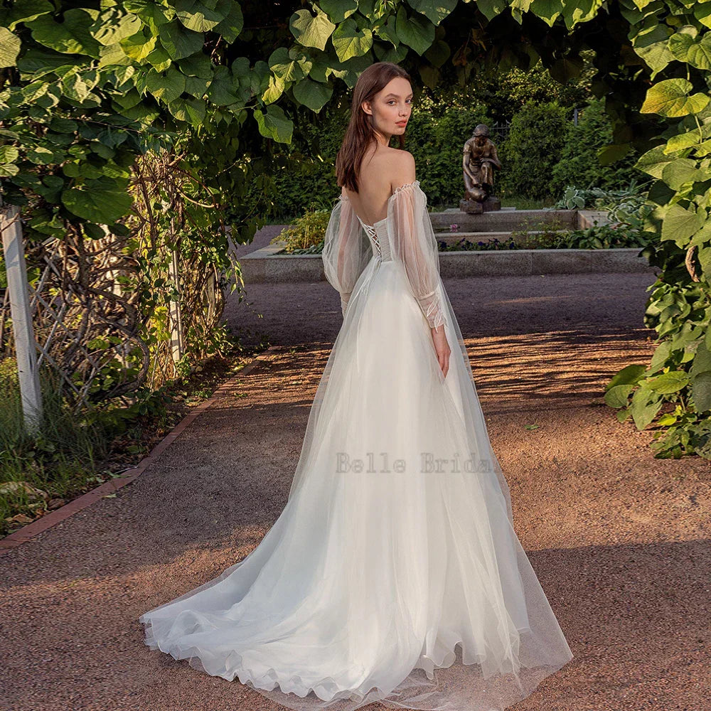 Off the Shoulder A-Line Wedding Dresses Sweetheart Neck Long Sleeve Tulle Bridal Growns Appliques Floor Length Vestidos De Novia