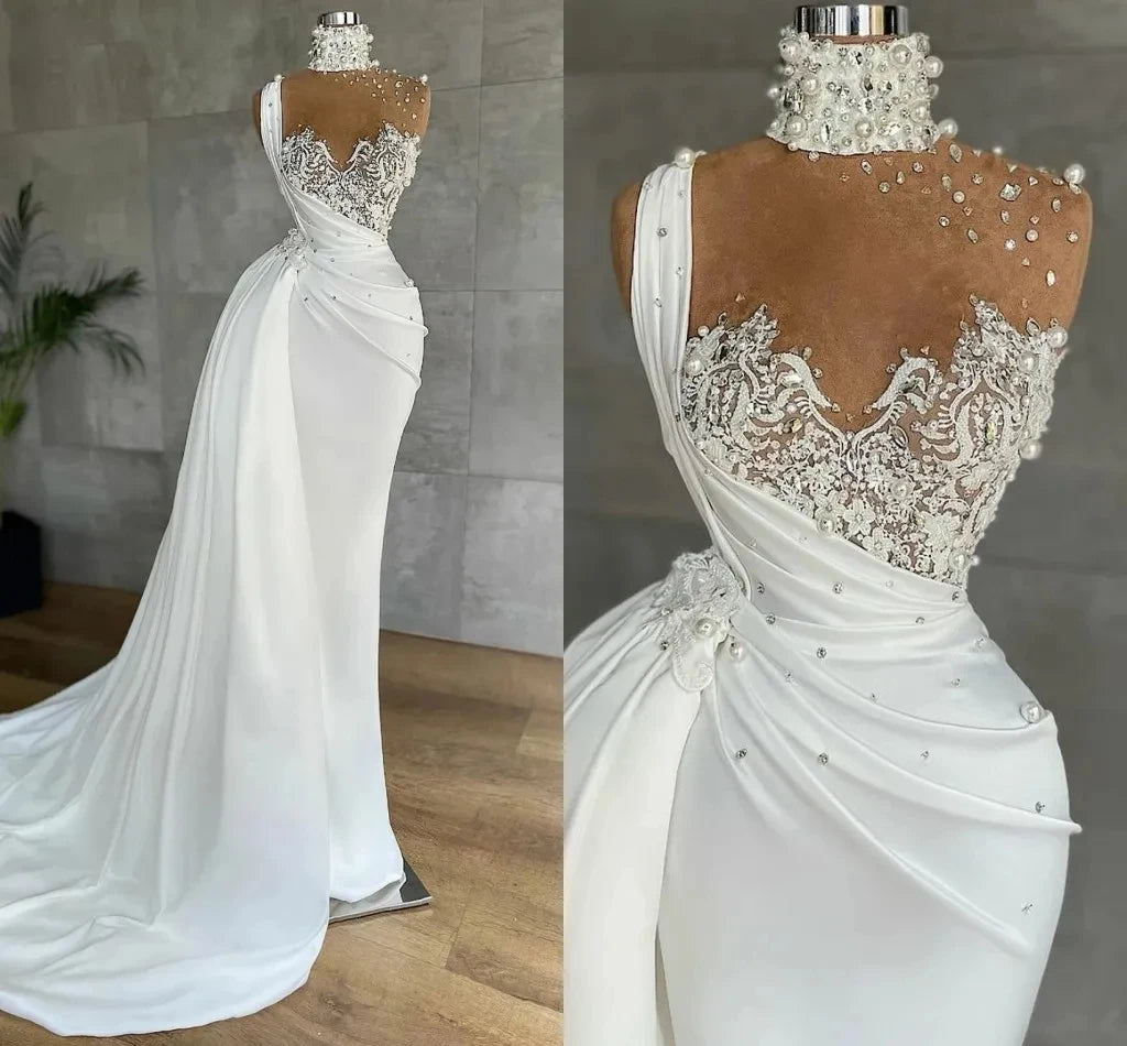 Mermaid Wedding Dresses with Detachable Train Pearls Lace Applique Beaded Bridal Gowns High Neck Modern Robes De Mariee Vestidos