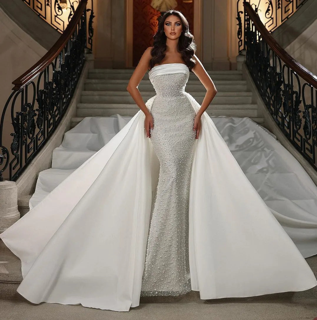 Aso Ebi mermaid wedding dress detachable train strapless pearls church bride bridal gown