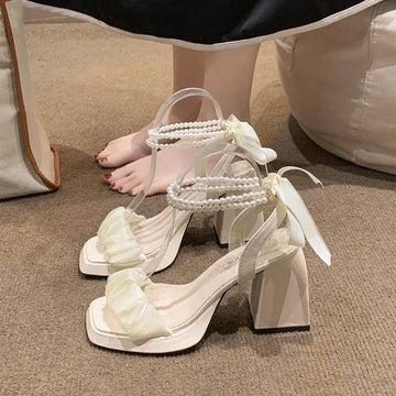 Comfort Shoes for Women Pearl Sandals Suit Female Beige Increasing Height Block Heels All-Match Black Bow Fashion Chunky Gi