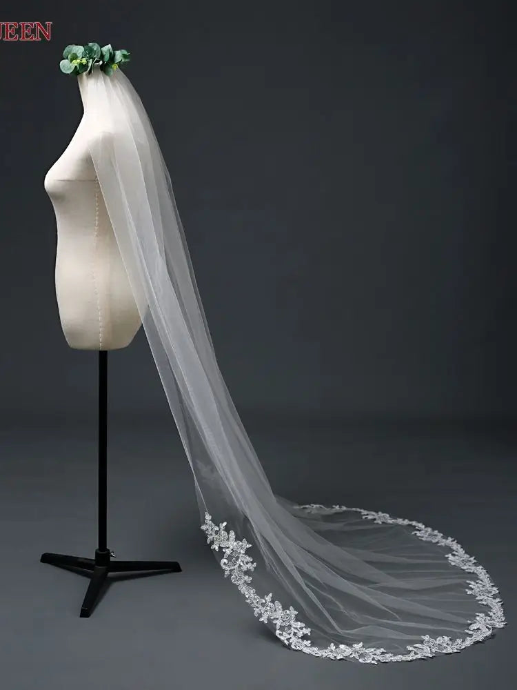 TOPQUEEN Wedding Veil Soft Single Tier Lace Edge Bridal Veil Wedding Long Train Ivory Thin Scallop Lace Embroidered Sequin V47