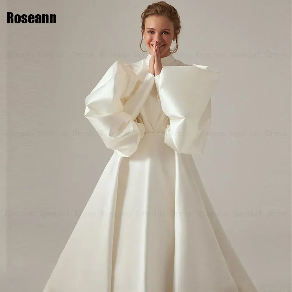 High Collar Ivory A-line Wedding Dresses Fold Puff Sleeve Satin Draped Pleat Bride Gown Floor Length robe de mariée