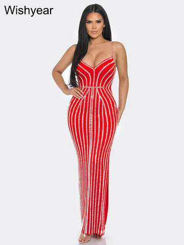 Wishyear Luxury Rhinestone Party Night Strap Sleeveless Bodycon Maxi Evening Birthday Dress for Women Prom Long Vestidos Elegant