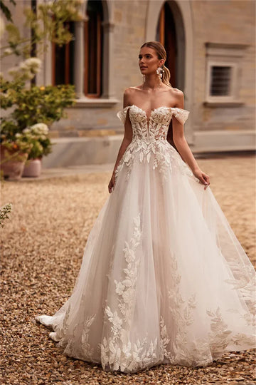 Flavinke Customized Charming Elegant Sweetheart Off The Shoulder Lace Applique A Line Wedding Dresses vestidos de novia