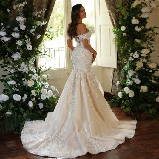 Haohao Mermaid Sexy Wedding Dresses Sweetheart Off The Shoulder Vestido De Novias Embroidery Appliques Sheath Bride Dress