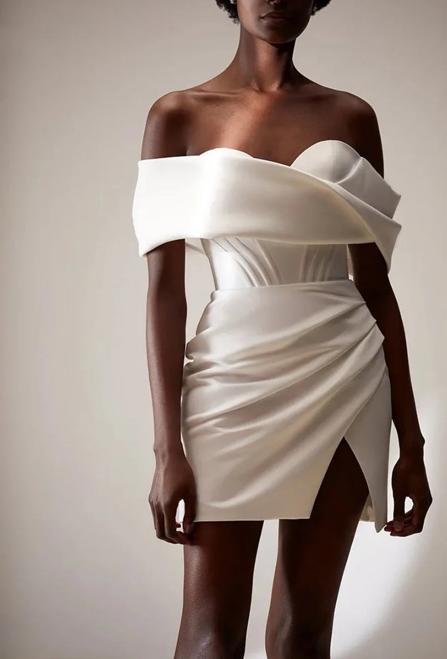 Sexy short wedding dress 2026 off-the-shoulder lace-up backless mini satin bridal party gown