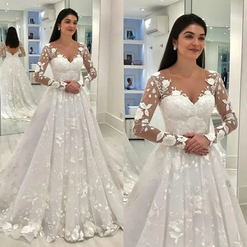 Classic A Line lace wedding dress sexy V-neck long sleeve wedding dress halter front hall sweep train designer bridal dress