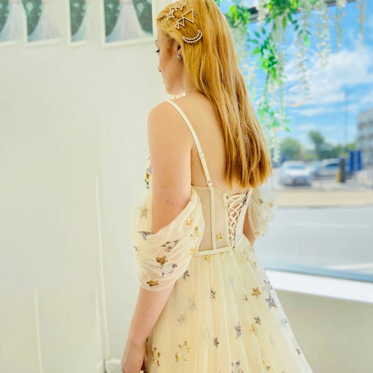 Shirred Sleeves Off Shoulder Celestial Gold Stars Cocktail Evening Dress Customized A Line Spaghetti Straps Lace Up Prom Gown