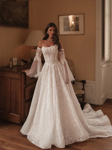 Customized  Detachable Sleeves Lace A-line Wedding Dress Strapless Bridal Gown 2026 For Bride Elegant Dresses Vestido De Noiva