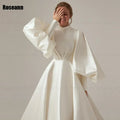 High Collar Ivory A-line Wedding Dresses Fold Puff Sleeve Satin Draped Pleat Bride Gown Floor Length robe de mariée
