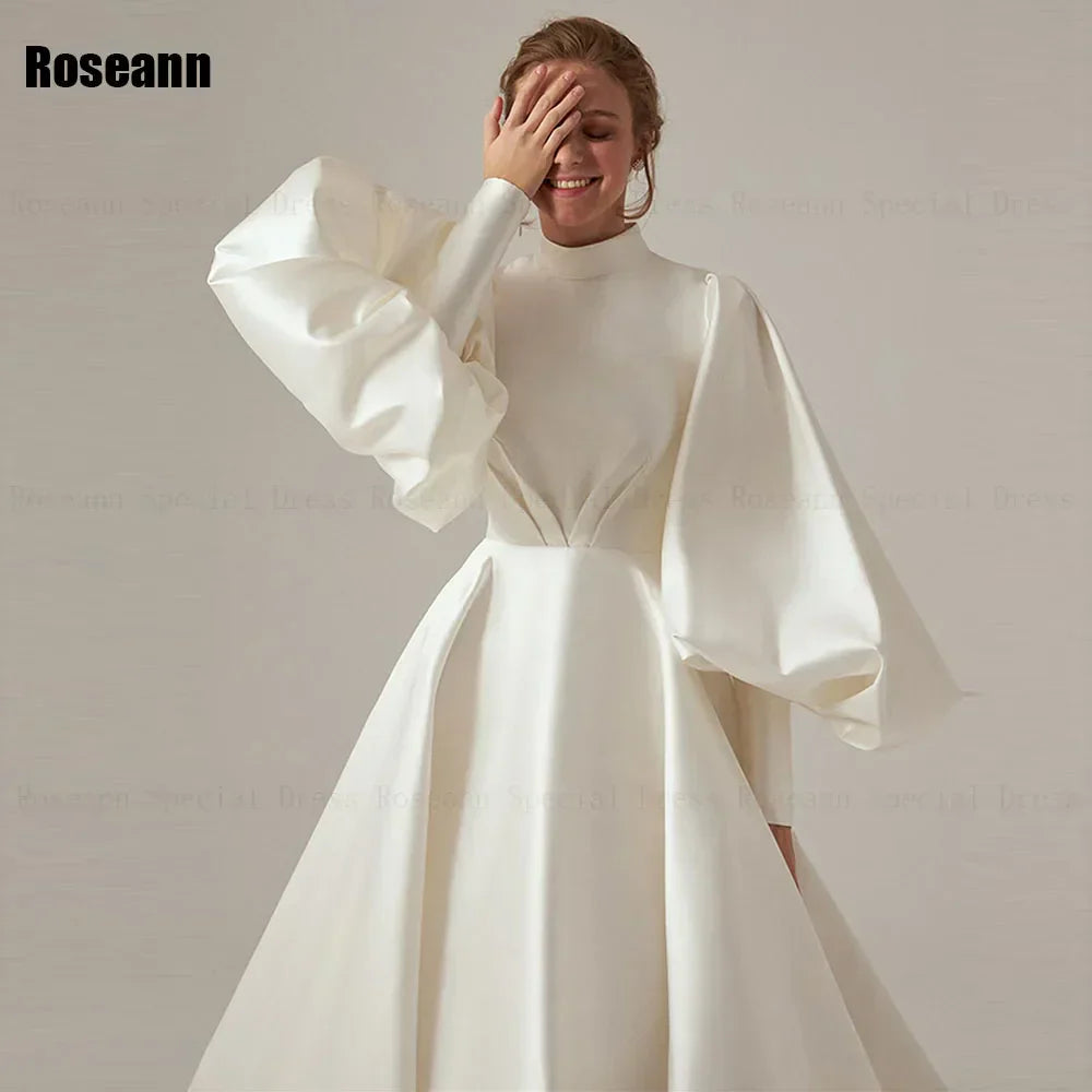 High Collar Ivory A-line Wedding Dresses Fold Puff Sleeve Satin Draped Pleat Bride Gown Floor Length robe de mariée