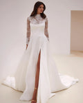 Full Sleeves Short Lace With Satin Wedding Dresses Side Slit Custom Made Vestido De Noival - Image 1