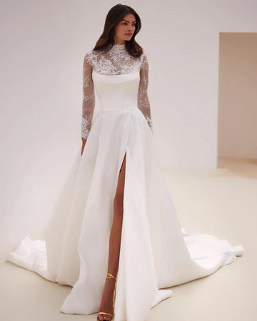 Full Sleeves Short Lace With Satin Wedding Dresses Side Slit Custom Made Vestido De Noival - Image 1