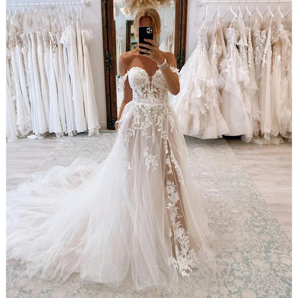 KapokDressy Sweetheart Slit Wedding Dress A-Line Tulle Bride Gown Custom Made Elegant Vestidos De Novia Robe De Mariée champagne