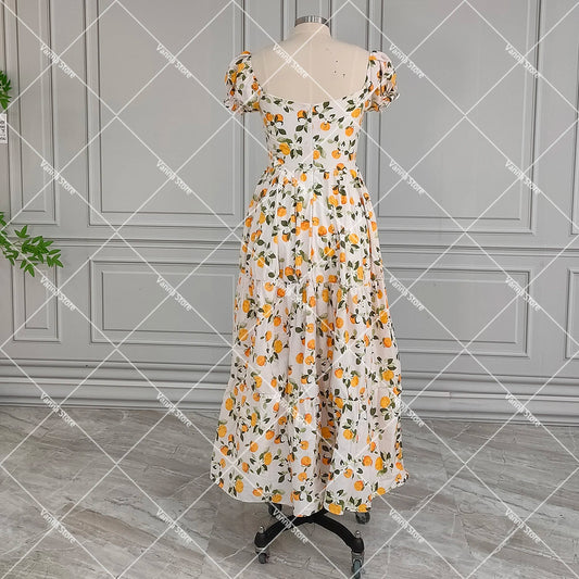 Fruint Print Cotton Manor Short Lantern Sleeves Vintage Dress Midi Laceup Sweetheart Zipper Customized Cottagecore Gowns