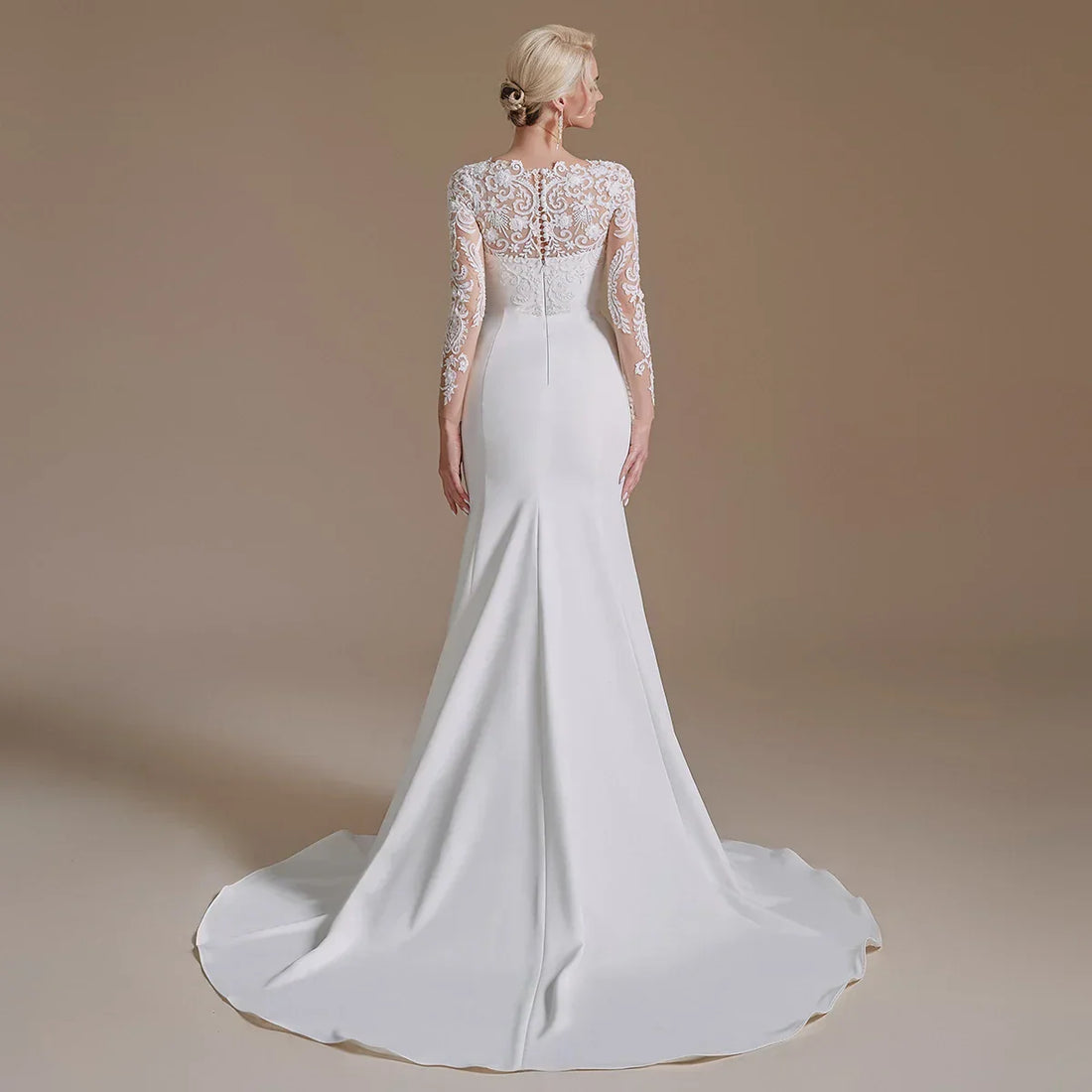 Size chart for O-neck long sleeve lace appliques mermaid autumn button back wedding dress
