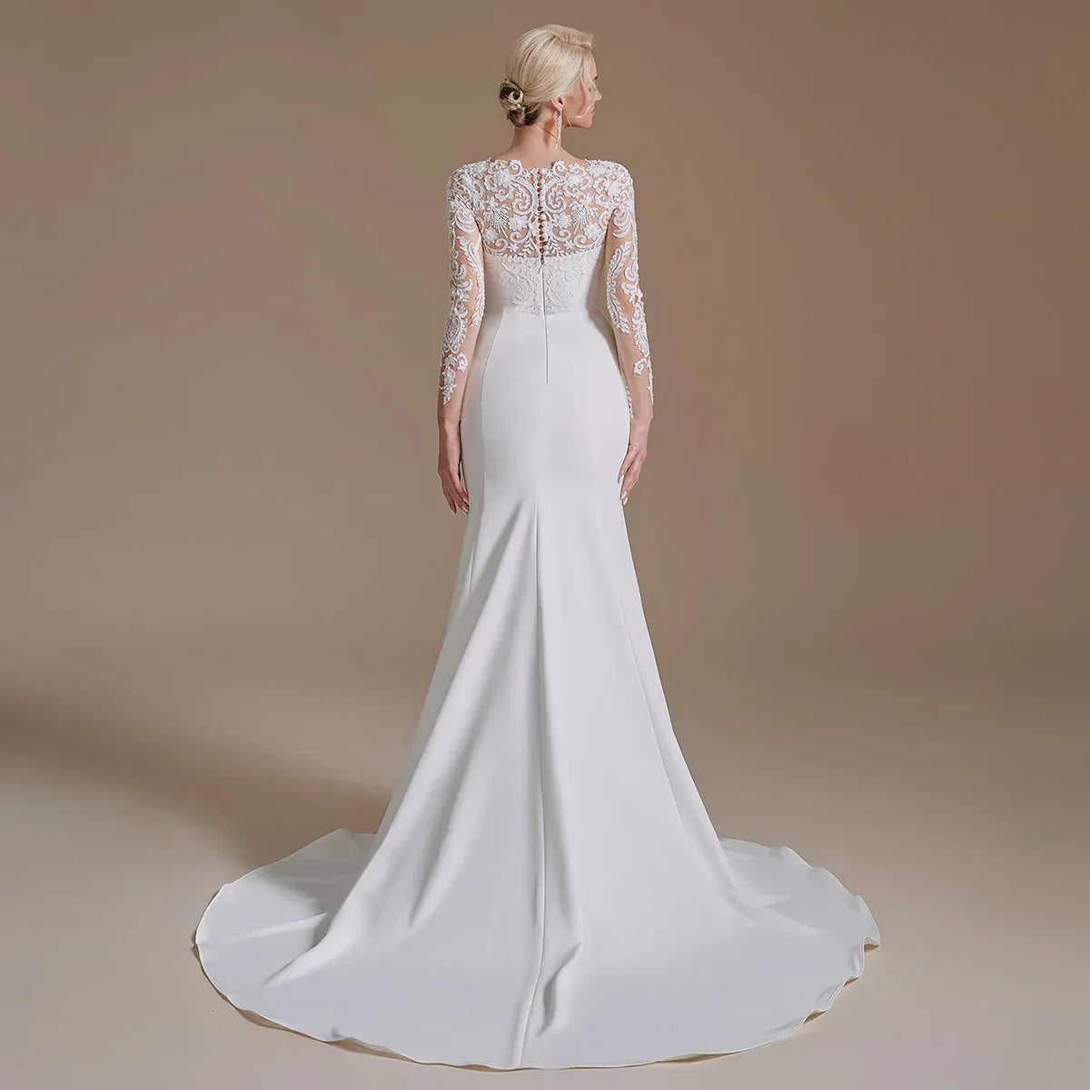 O-neck mermaid lace autumn long sleeve button back wedding dress additional view