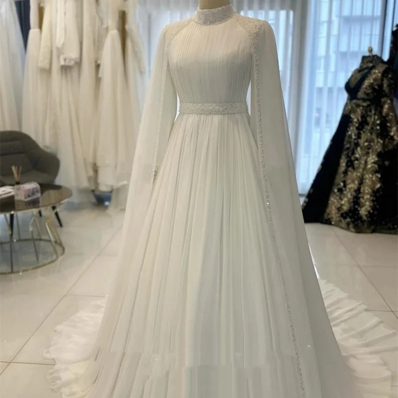 Muslim Wedding Dress with Long Sleeves Customized High Neck Beading Sequin Chiffon A Line Bridal Gown Africa Bride Dresses