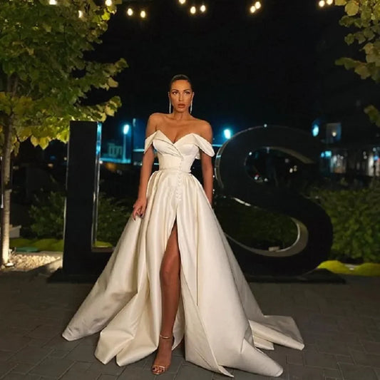 Simple A-line PROM dress new sexy off-the-shoulder V-neck side high slit long elegant formal bridesmaid wedding dress