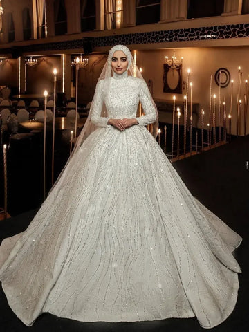 Customized Muslim Long Sleeves Wedding Dresses Sequined High Neck Bridal Gowns Made Glitter Vestido De Noiva Robe De Marie
