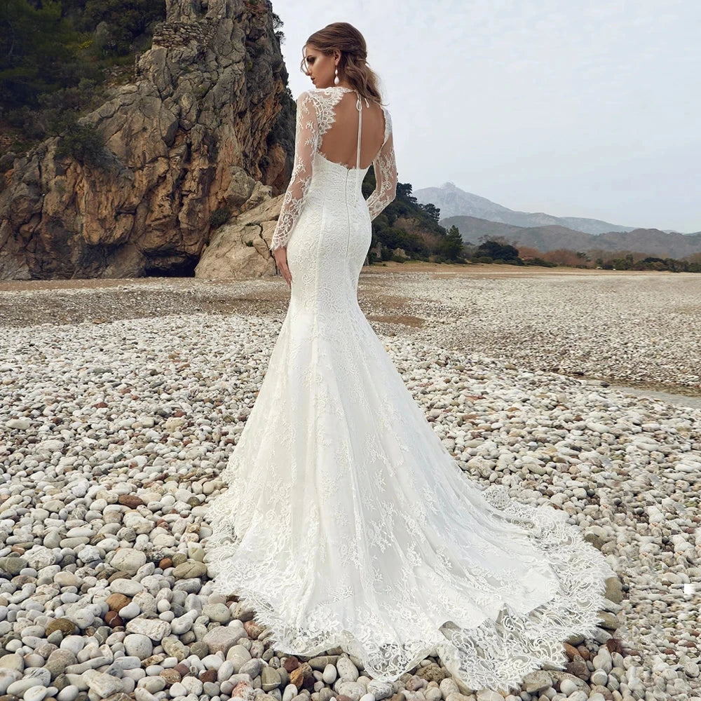 New lace mermaid wedding dress 2026 V-neck full sleeves open back boho bride bridal gown