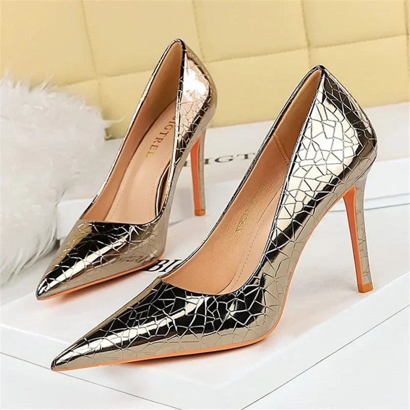 Plus size 10.5cm high heels metallic silver gold pumps women wedding bridal event party serpentine shoes