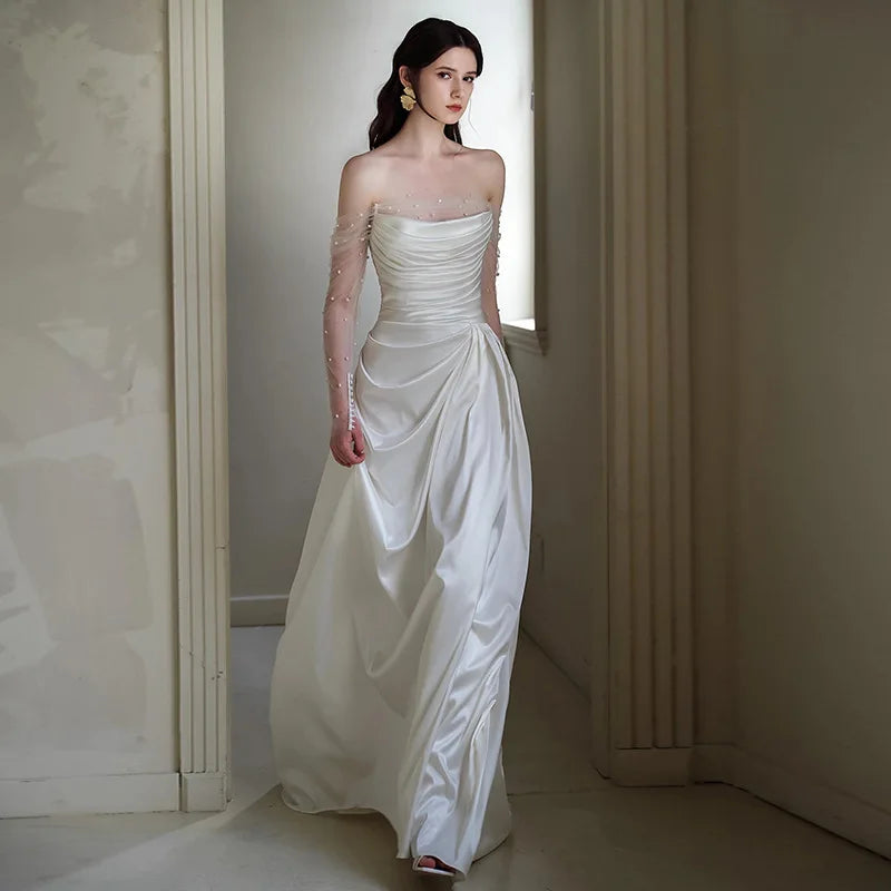 Simple A-line wedding dress boat neck long sleeves pearls satin princess bridal gown boho garden