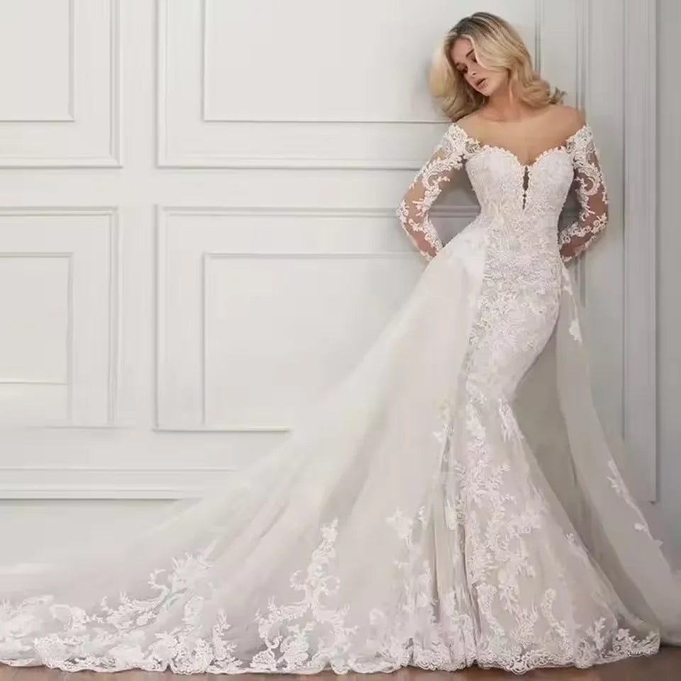 Sweetheart lace mermaid wedding dress 2025 long sleeves detachable train bridal gown