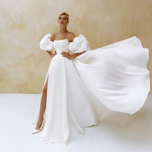 Customized Elegant Satin Wedding Dress Short Puff Sleeves 2025 Simple Plain Bridal Gown A-Line Side Slit Sweep Train Vestidos