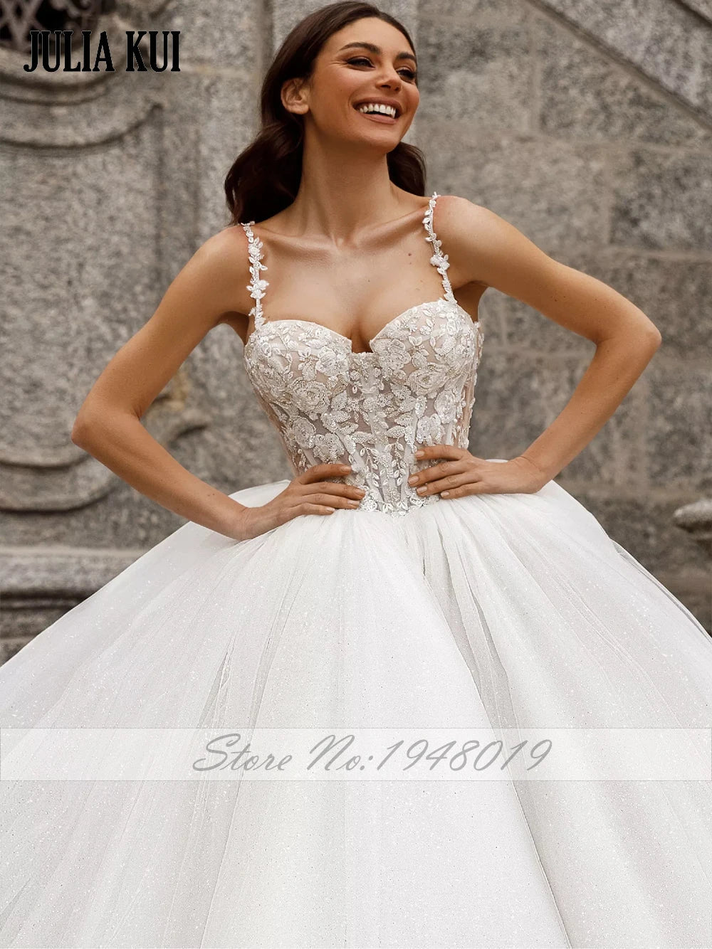 Julia Kui NEW ARRIVAL Sweetheart Neck A Line Wedding Dresses Sparkle Skirt With Spaghetti Strap