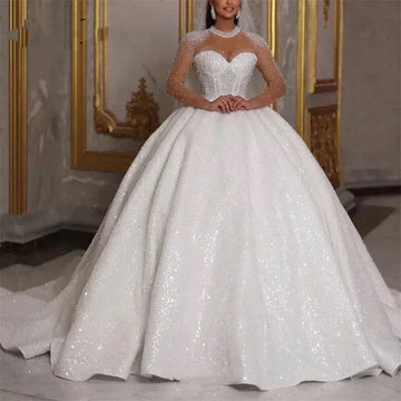 Customized Sparkle African Wedding Dresses Luxury Ball Gown Glitter Beads Sequin Long Sleeves Sexy Dubai Bride Bridal Gown