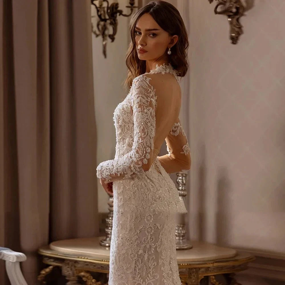 Long sleeve graceful mermaid scalloped neck embroidery detachable train wedding dress bridal gown side view