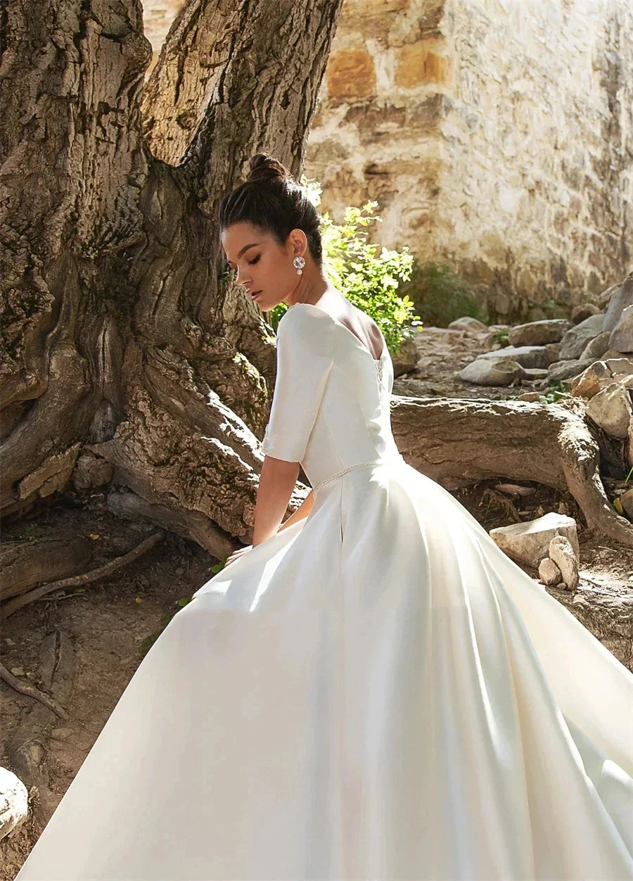 Simple Graceful Wedding Dresses With Pockets Elegant Bridal Gowns A-Line Robes Satin Three Quarters Sleeves Vestidos De Novia