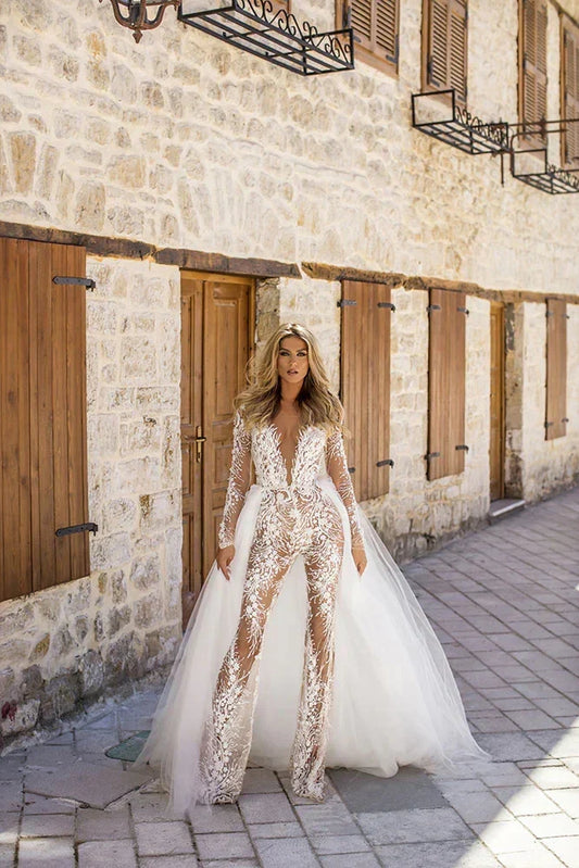 Lace Wedding Jumpsuit Wedding Dresses A-line Long Sleeves Tulle Boho Wedding Gown Bridal Jumpsuit Vestidos De Novia