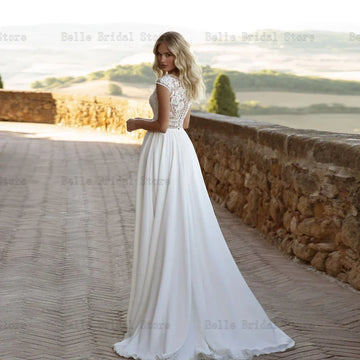 Elegant White Chiffon Wedding Dresses O Neck Cap Sleeves Lace Bridal Growns High Slit Floor-Length A-line Vestidos De Novia