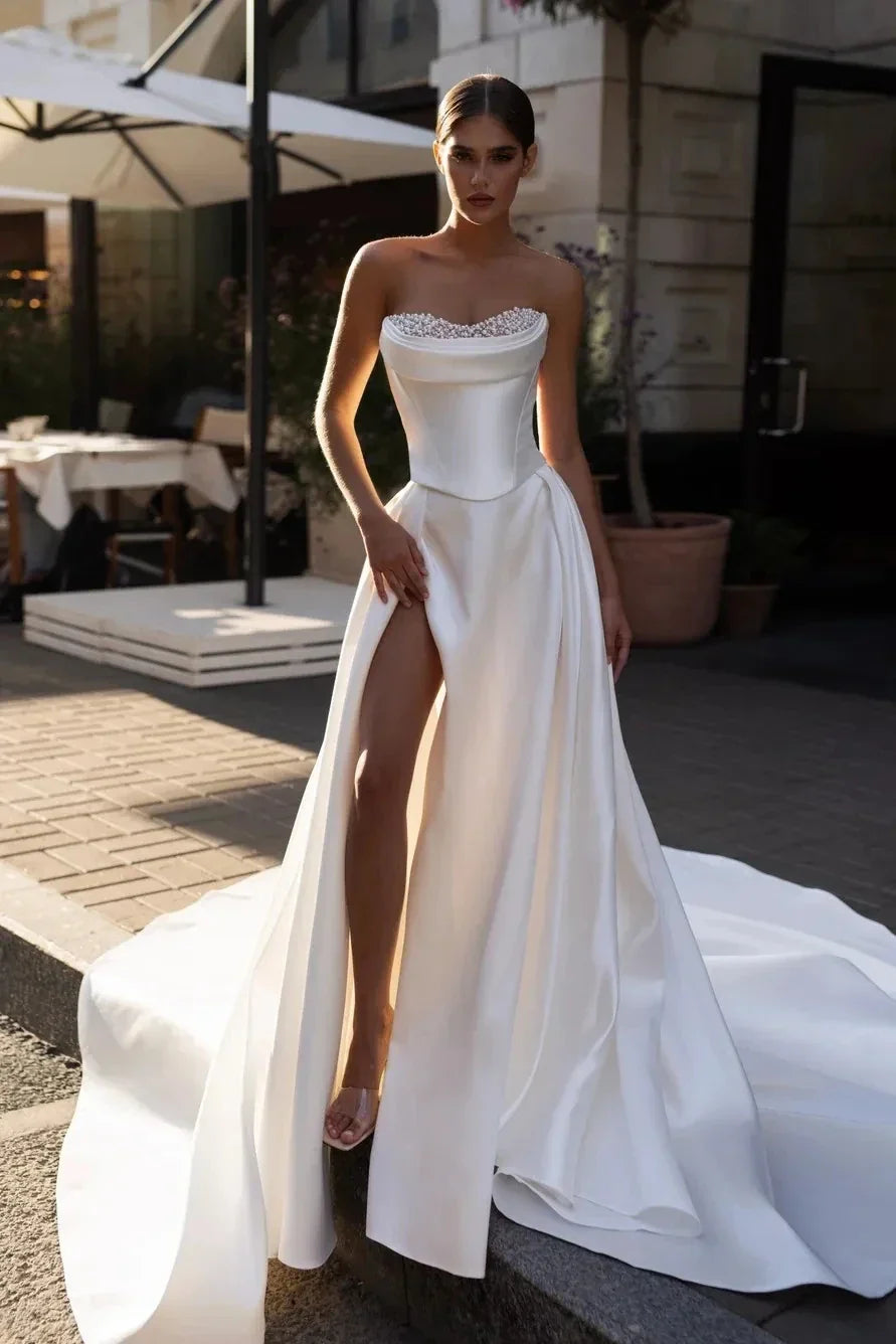 A-line satin two-piece wedding dress 2026 pearls sweetheart high slit long train bridal gown