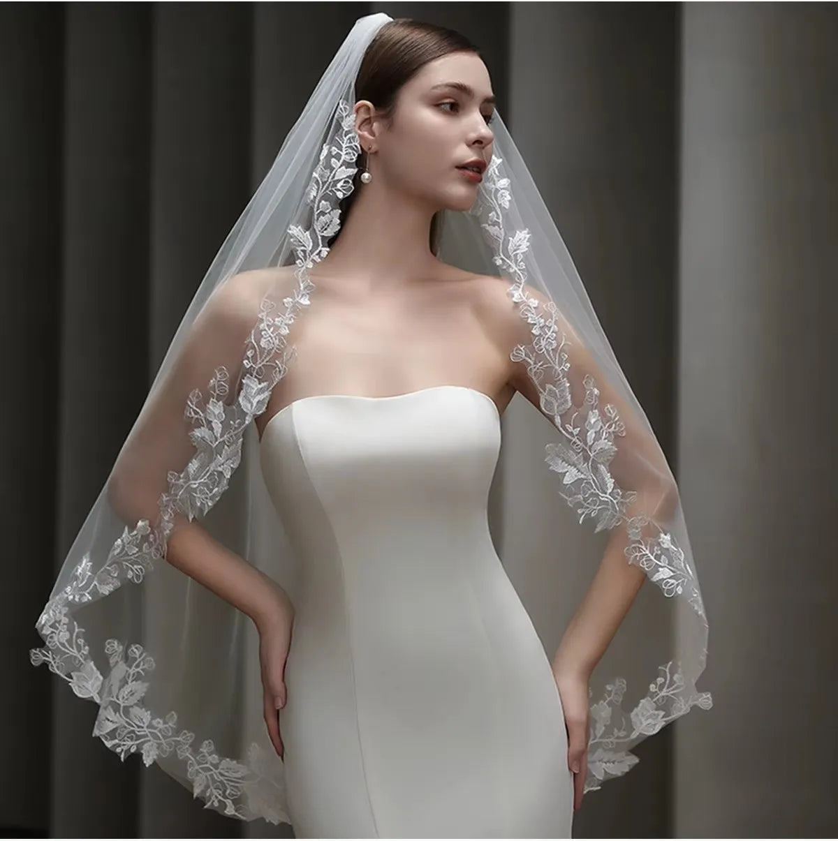 White Bridal Veil Leaf Lace Wedding Veils For - front view