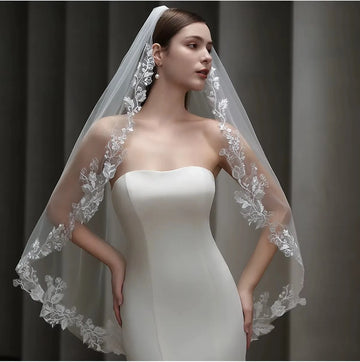 White Bridal Veil Leaf Lace Wedding Veils For - front view