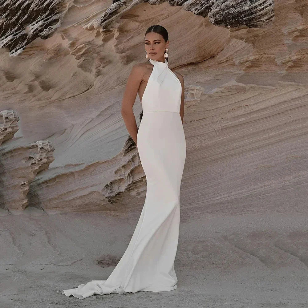 Halter backless soft satin boho sexy simple mermaid wedding dress bridal gown ivory