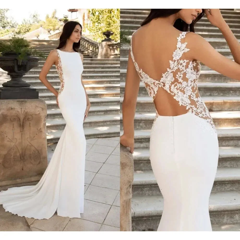 Sexy mermaid wedding dress 2026 scoop sleeveless lace appliques open back beach bridal gown