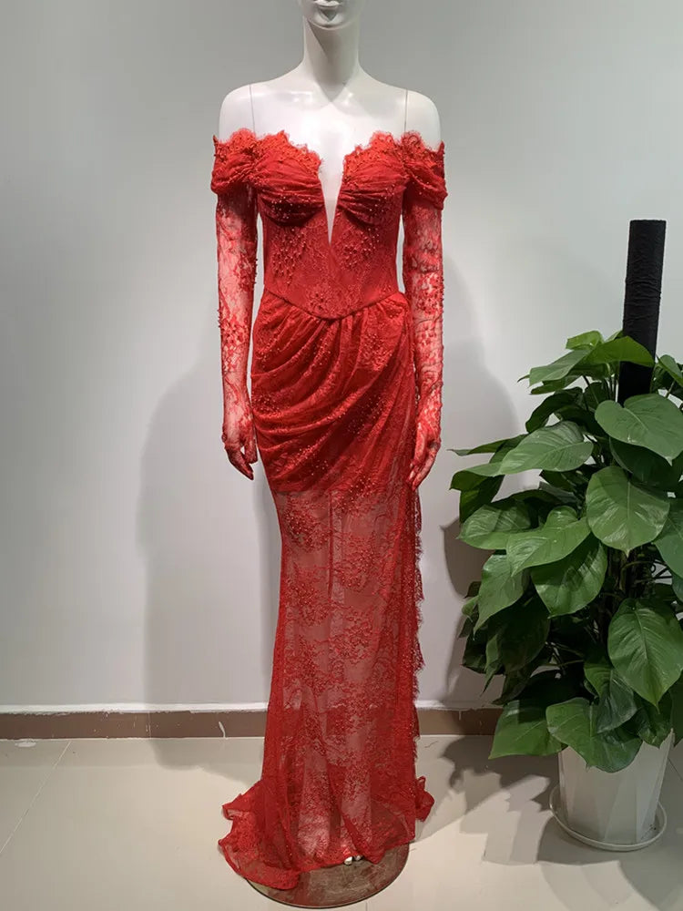 Women Celebrity Luxury Sexy Off Shoulder Lace Red Maxi Long Bodycon Dress Elegant Evening Party Dress Vestido
